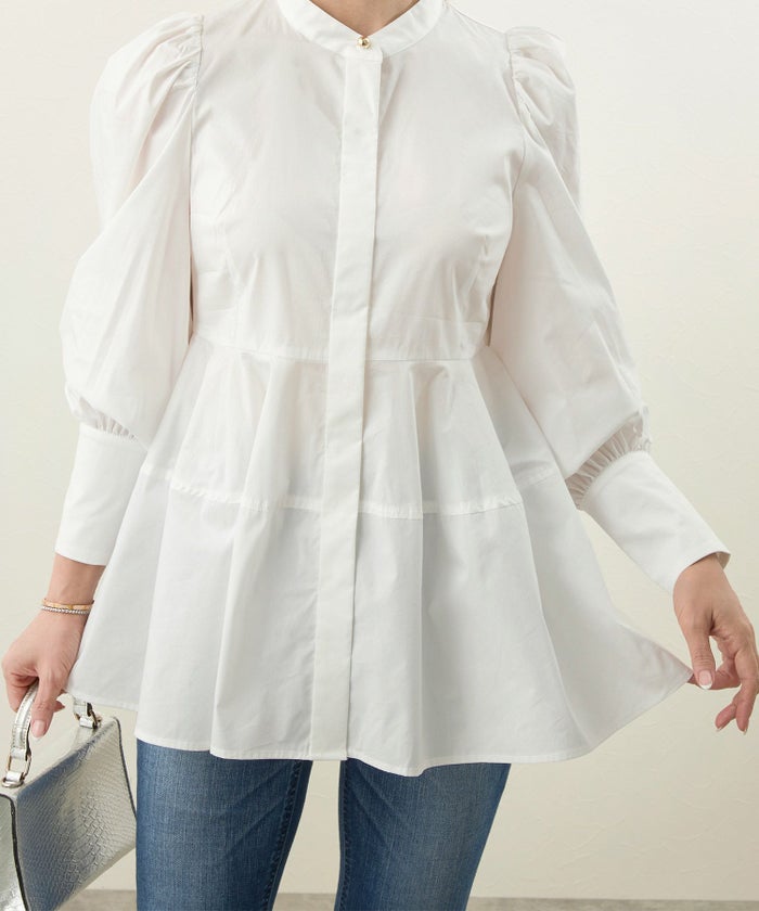 手洗い可/トップス/ブラウス/長袖/カフスくるみボタン/ペプラム切り替え/パフスリーブ/大人/上品/可愛い