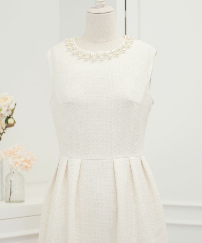 ワンピース/ツイード/フィット&フレア/タック/背中心ファスナー/ホワイト/白/ピンク/ブラック/S/M/秋/冬/春/可愛い/かわいい/華やか/大人/上品/