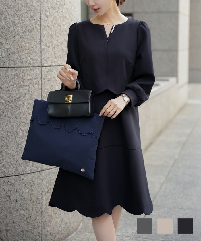 ネイビー スカラップ 長袖 オケージョン 卒園式 入園式 入学式 卒業式 長袖 お宮参り 膝丈 きれいめ 授業参観 ママ 母 新色 M L 膝下丈 チャコール フォーマル 20代 30代 40代 フロントファスナー スカラップ ワンピース le reve vaniller