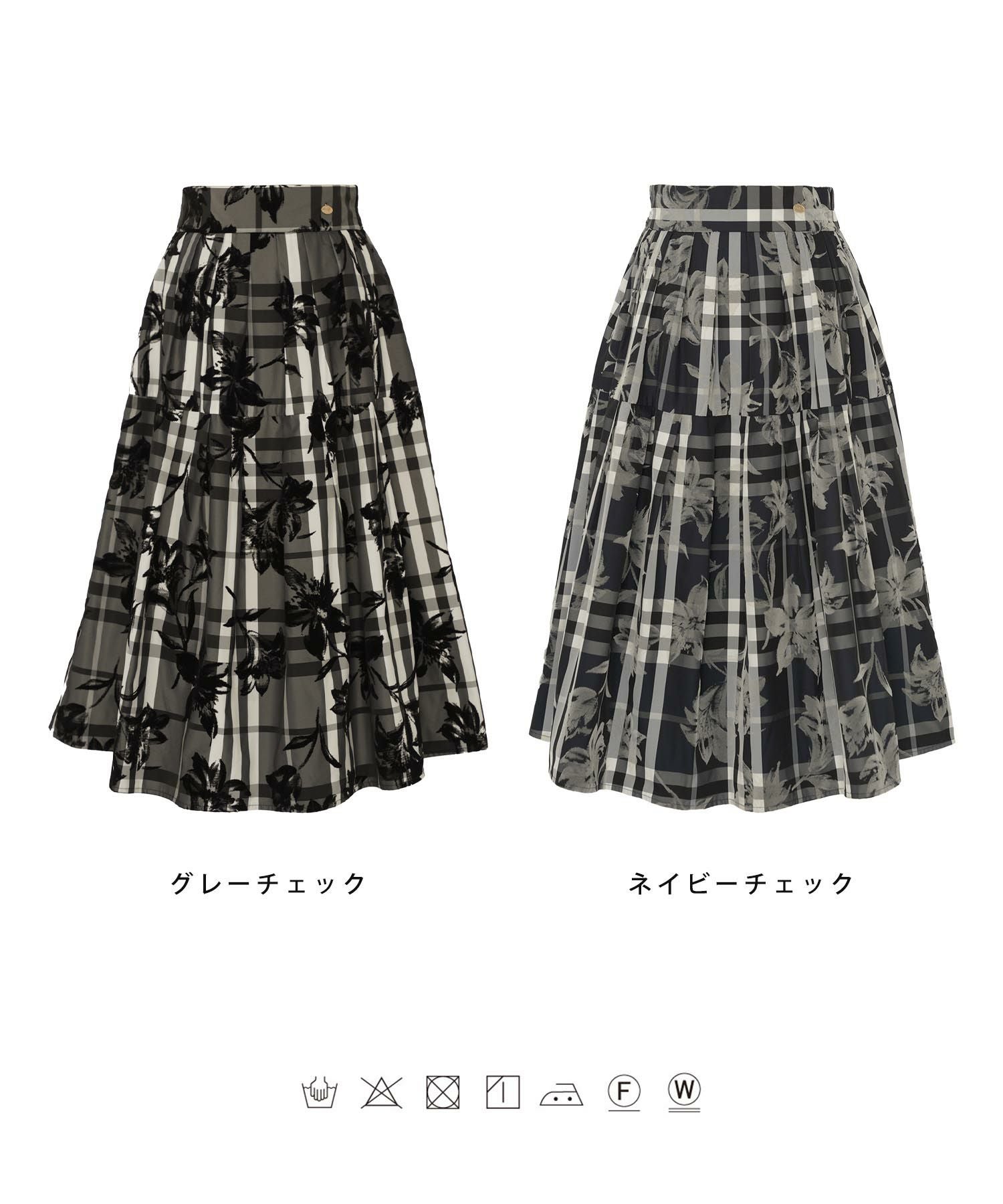 チェック柄 フラワー プリントスカート le reve vaniller 全2色