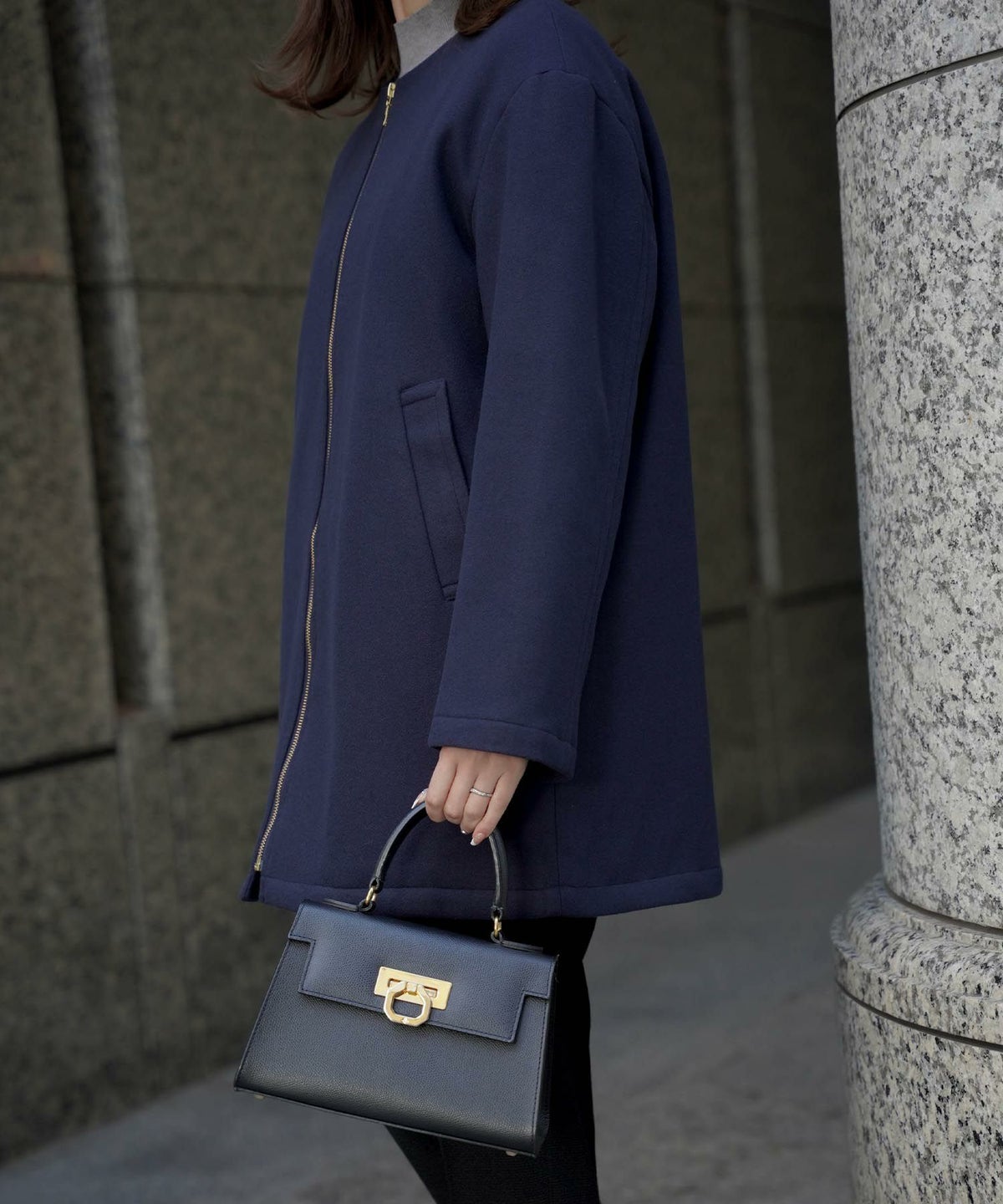 レディース/コート/アウター/メルトン/ミドル丈/秋/冬/長袖/ライトグレー/ネイビー