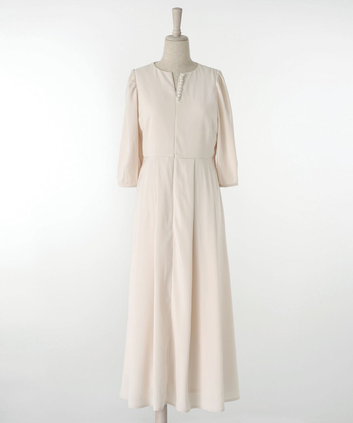 レディース/ワンピース/フレア/パール/フォーマル/キーネック/7分袖/春/秋/冬/ピンクベージュ/アイスブルー/ネイビー