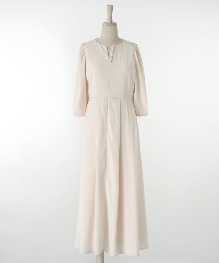 レディース/ワンピース/フレア/パール/フォーマル/キーネック/7分袖/春/秋/冬/ピンクベージュ/アイスブルー/ネイビー