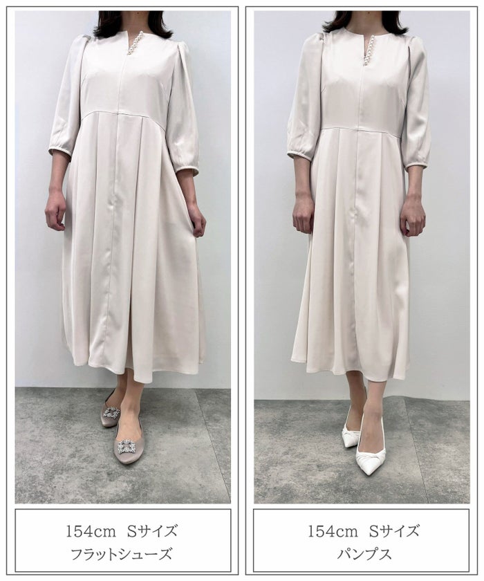 レディース/ワンピース/フレア/パール/フォーマル/キーネック/7分袖/春/秋/冬/ピンクベージュ/アイスブルー/ネイビー