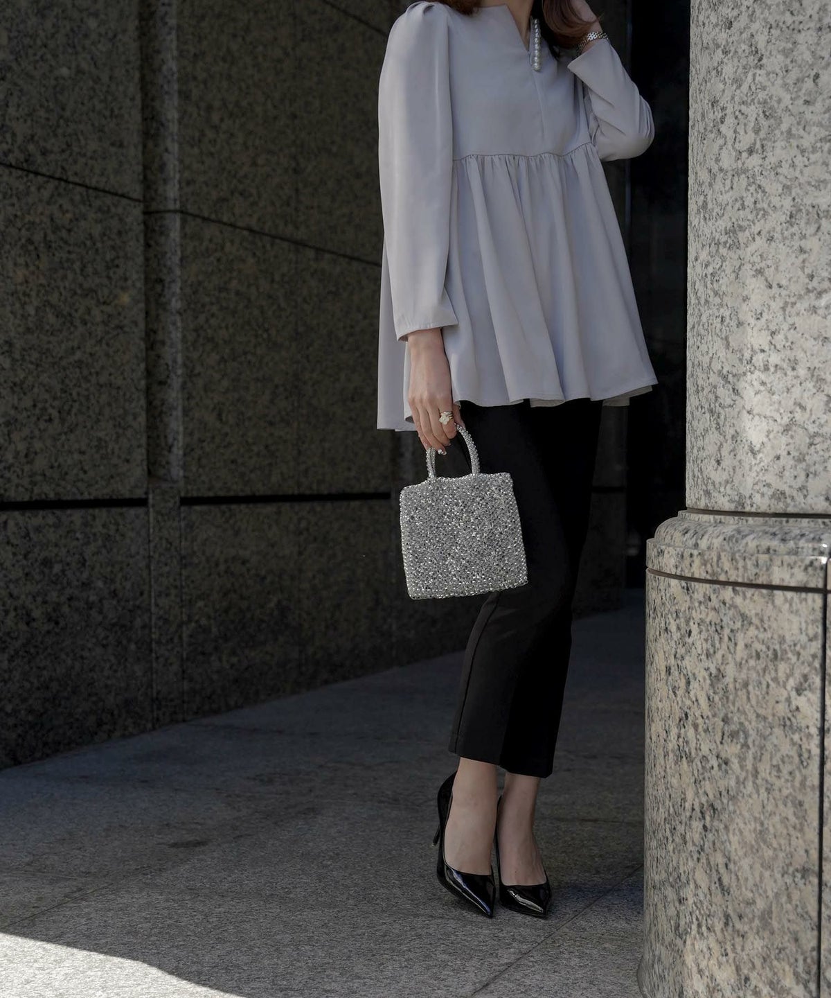 レディース/トップス/ブラウス/パール/フォーマル/長袖/ペプラム/チュニック丈/春/秋/冬/アイボリー/アイスブルー/ネイビー/M