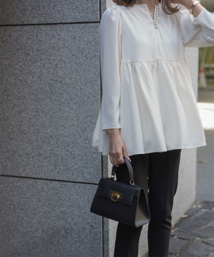 レディース/トップス/ブラウス/パール/フォーマル/長袖/ペプラム/チュニック丈/春/秋/冬/アイボリー/アイスブルー/ネイビー/M