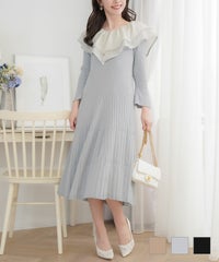 ワンピース ニット ラッフル襟 シアー 配色 フレア袖 シアー ラッフルフリル Vラインネック ニット ワンピース le reve vaniller