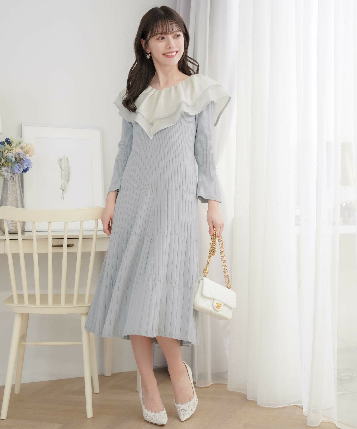 TIME-SALE シアー ラッフルフリル Vラインネック ニット ワンピース le