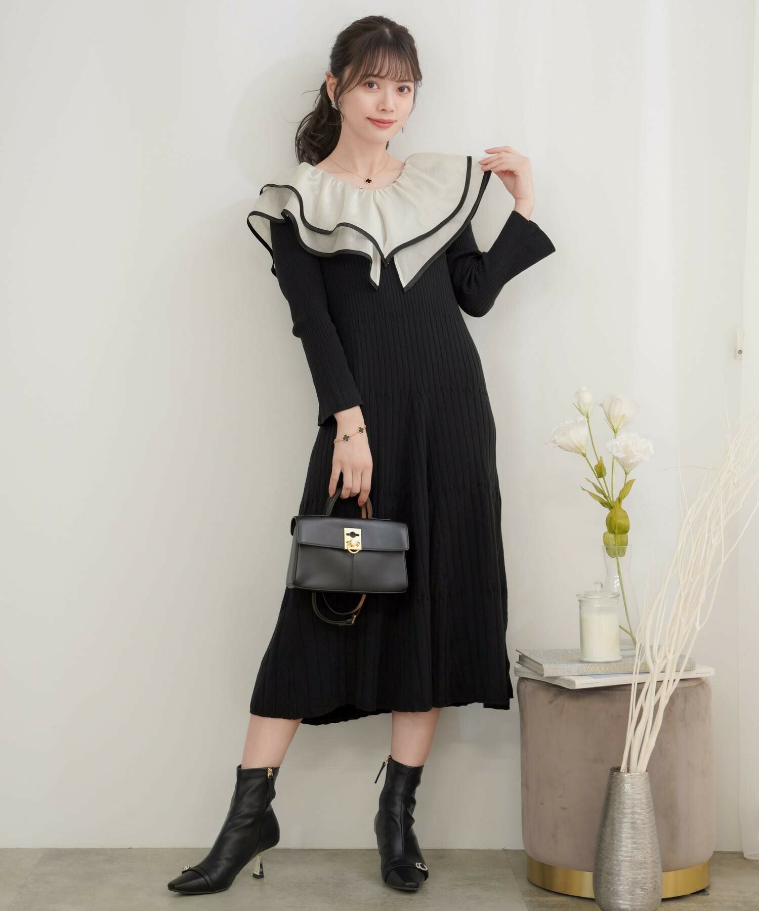 TIME-SALE シアー ラッフルフリル Vラインネック ニット ワンピース le