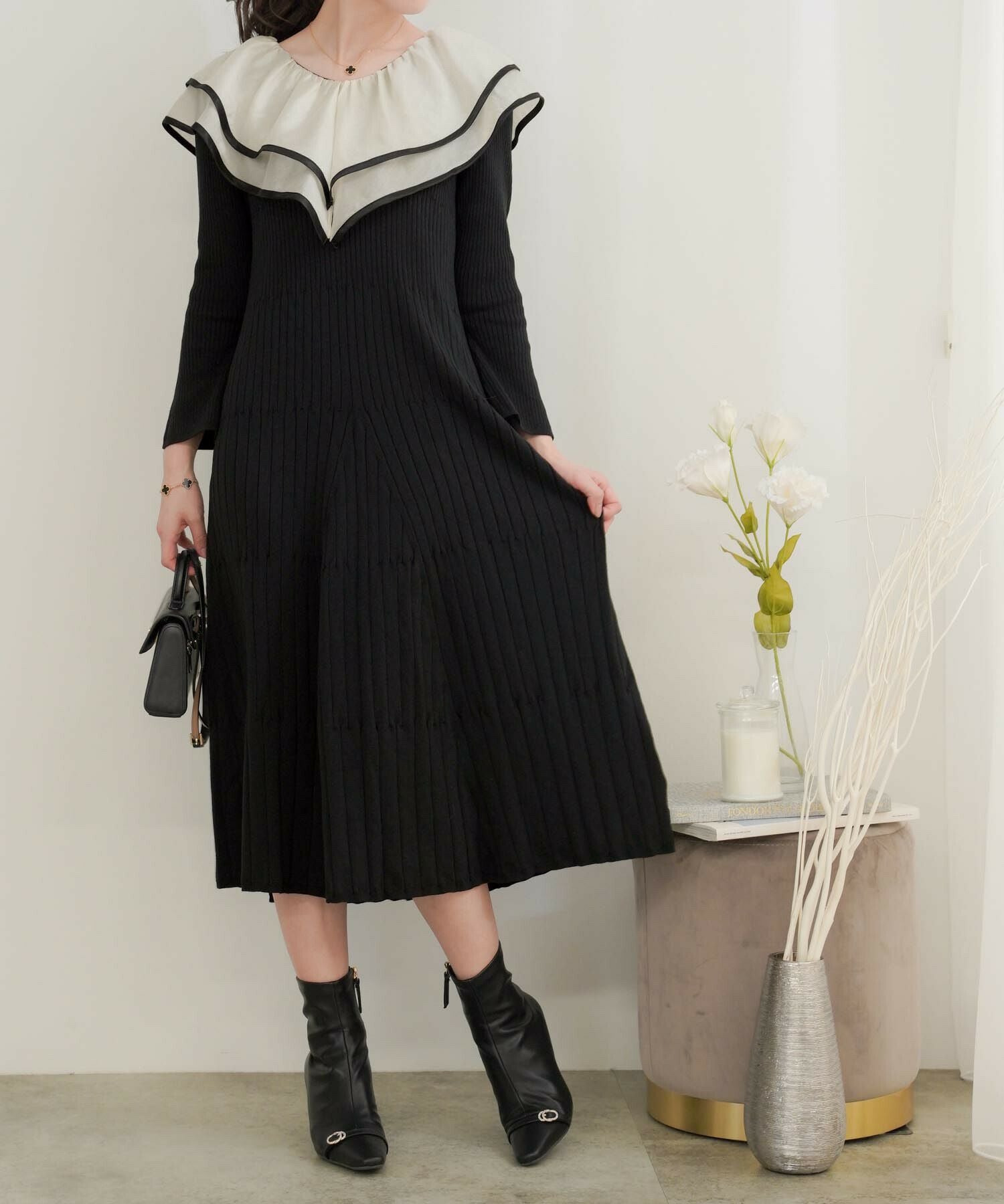 TIME-SALE シアー ラッフルフリル Vラインネック ニット ワンピース le