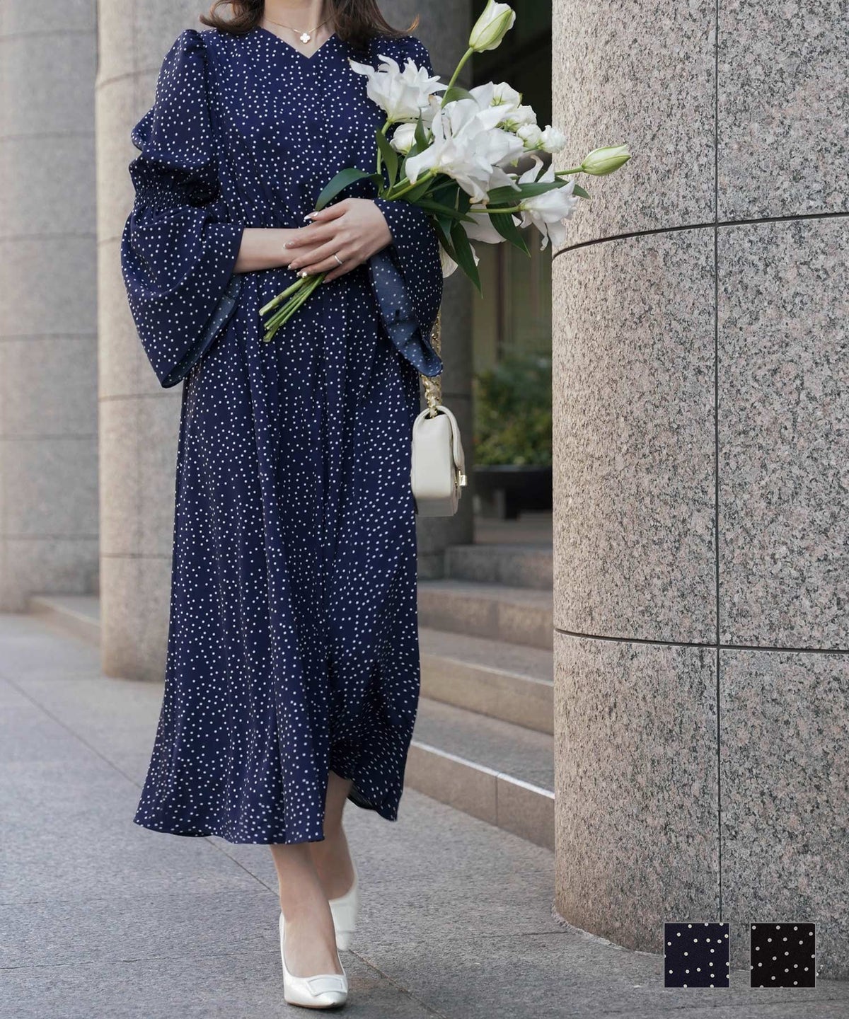 ワンピース ドット ネイビー ブラック M ベルスリーブ ドット ワンピース HUIT