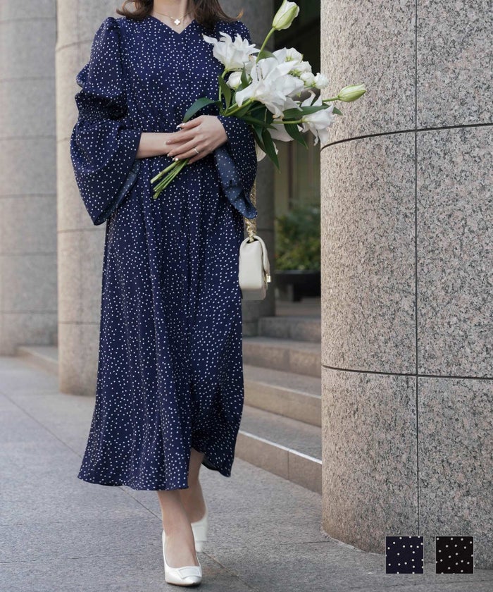 ワンピース ドット ネイビー ブラック M ベルスリーブ ドット ワンピース HUIT