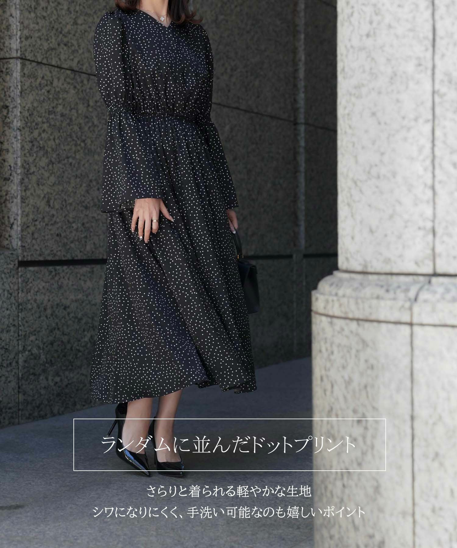 みゆみゆReflect ブラックドット柄 五分袖ワンピース　L ベルト付き OUTLET-SALE ベルスリーブ ドット ワンピース HUIT 全2色｜hit311-0050