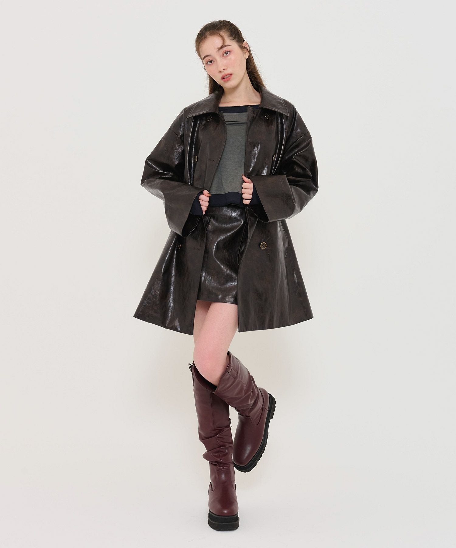 フェイクレザー Aラインコート TINA：JOJUN 全2色｜tnj111-0805【1】