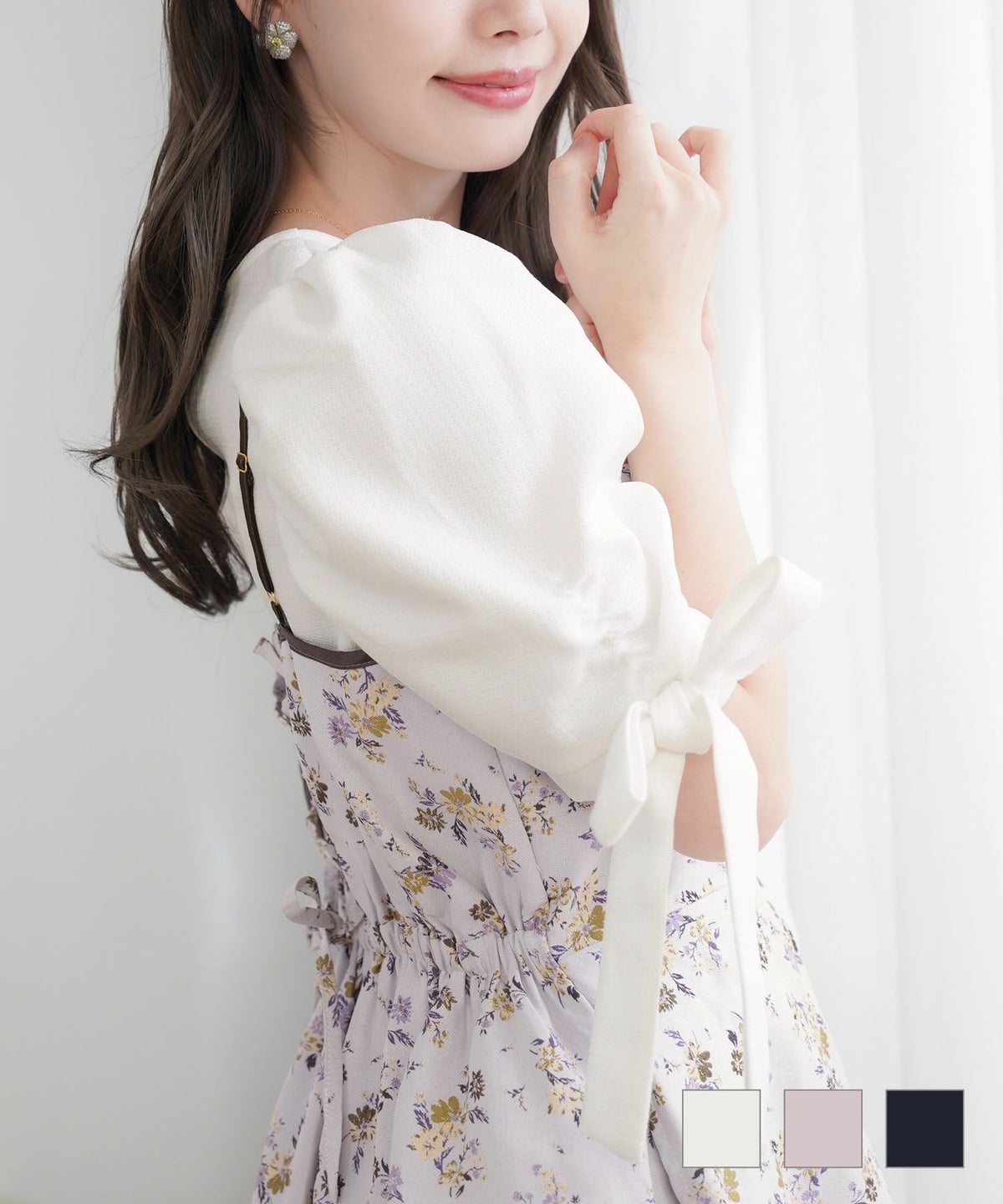 トップス ブラウス クルーネック ギャザー 袖リボン シンプル 袖リボン ギャザースリーブ ブラウス le reve vaniller