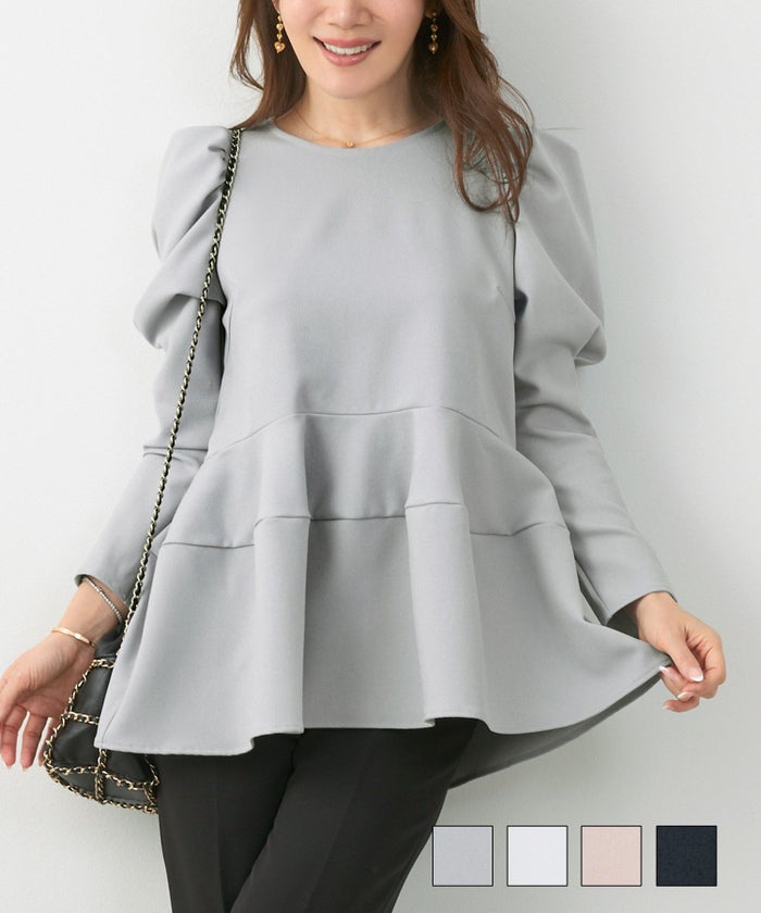 手洗い可 トップス ブラウス 長袖 パワーショルダー 袖山ギャザー 大人可愛い パワーショルダー コクーンペプラム ブラウス 長袖 Liala×PG