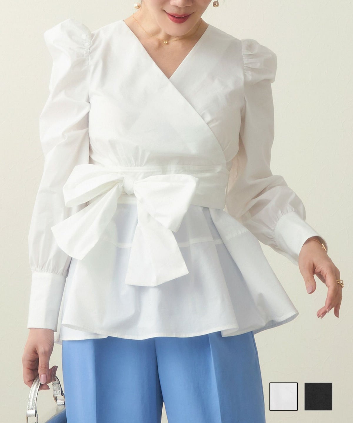 手洗い可 トップス ブラウス 長袖 カシュクール ペプラム リボン 大人 上品 可愛い カシュクール コクーン ペプラム ブラウス Liala×PG