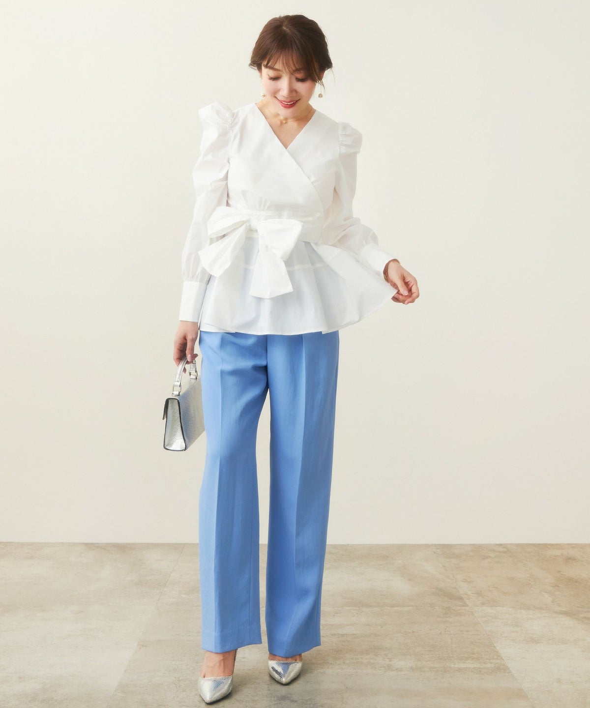 手洗い可/トップス/ブラウス/長袖/カシュクール/ペプラム/リボン/大人/上品/可愛い