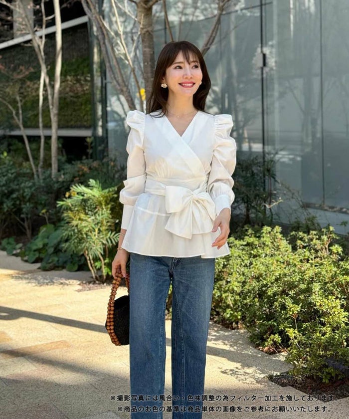手洗い可/トップス/ブラウス/長袖/カシュクール/ペプラム/リボン/大人/上品/可愛い