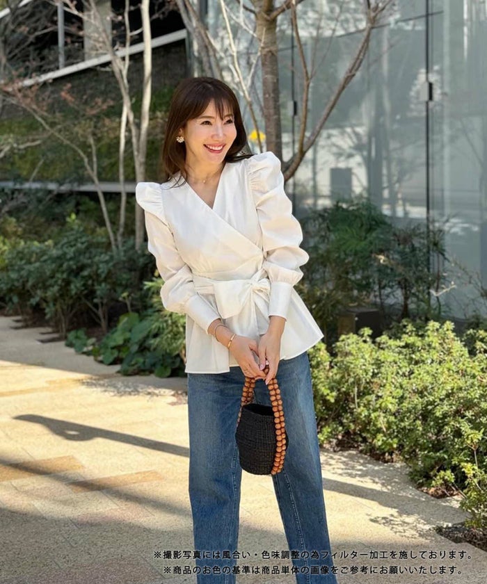 手洗い可/トップス/ブラウス/長袖/カシュクール/ペプラム/リボン/大人/上品/可愛い