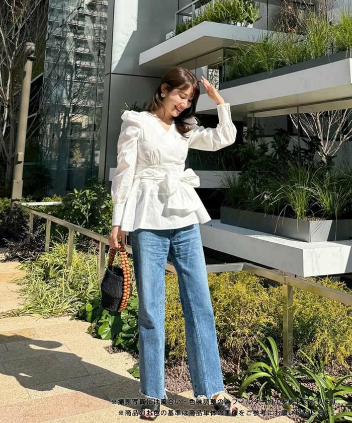 手洗い可/トップス/ブラウス/長袖/カシュクール/ペプラム/リボン/大人/上品/可愛い