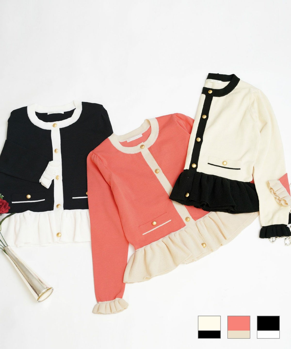 トップス ニット カーディガン ペプラム 配色 バイカラー 長袖 アイボリー コーラルピンク ブラック S M 秋 冬 春 バイカラー フリルペプラム ニット カーディガン Prima Scherrer