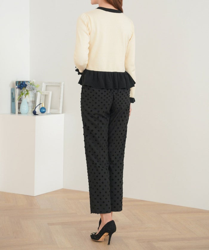 トップス/ニット/カーディガン/ペプラム/配色/バイカラー/長袖/アイボリー/コーラルピンク/ブラック/S/M/秋/冬/春/可愛い/かわいい/華やか/大人/上品/