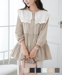 セーラー襟刺繍チュニックブラウスlerevevanillerグレージュ/ブラック/ネイビー/ホワイト/ピンクベージュ/チャコール