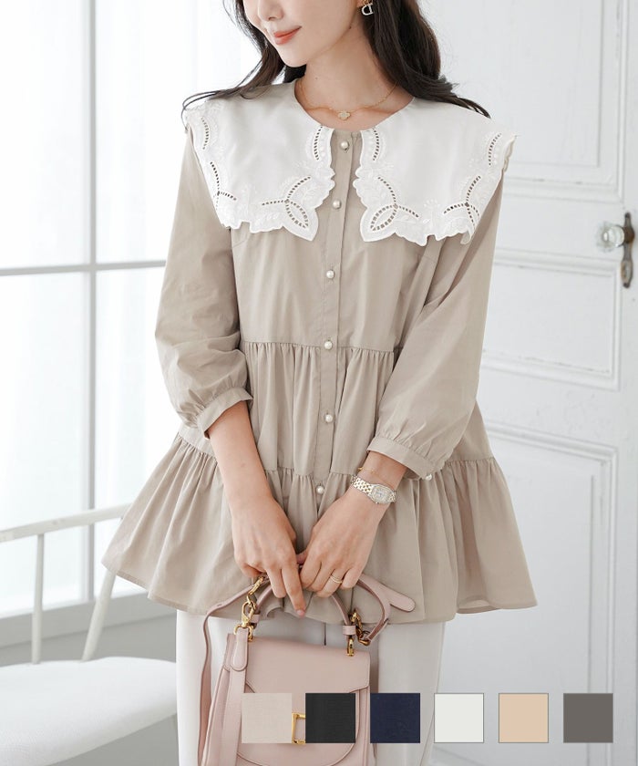 上品 可愛い 20代 30代 ヒット 人気 新色 ピンクベージュ チャコール 配色 バイカラー ブラック グレージュ セーラー 襟 刺繍 チュニック ブラウス le reve vaniller