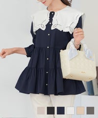 上品 可愛い 20代 30代 ヒット 人気 新色 ピンクベージュ チャコール 配色 バイカラー ブラック グレージュ セーラー 襟 刺繍 チュニック ブラウス le reve vaniller