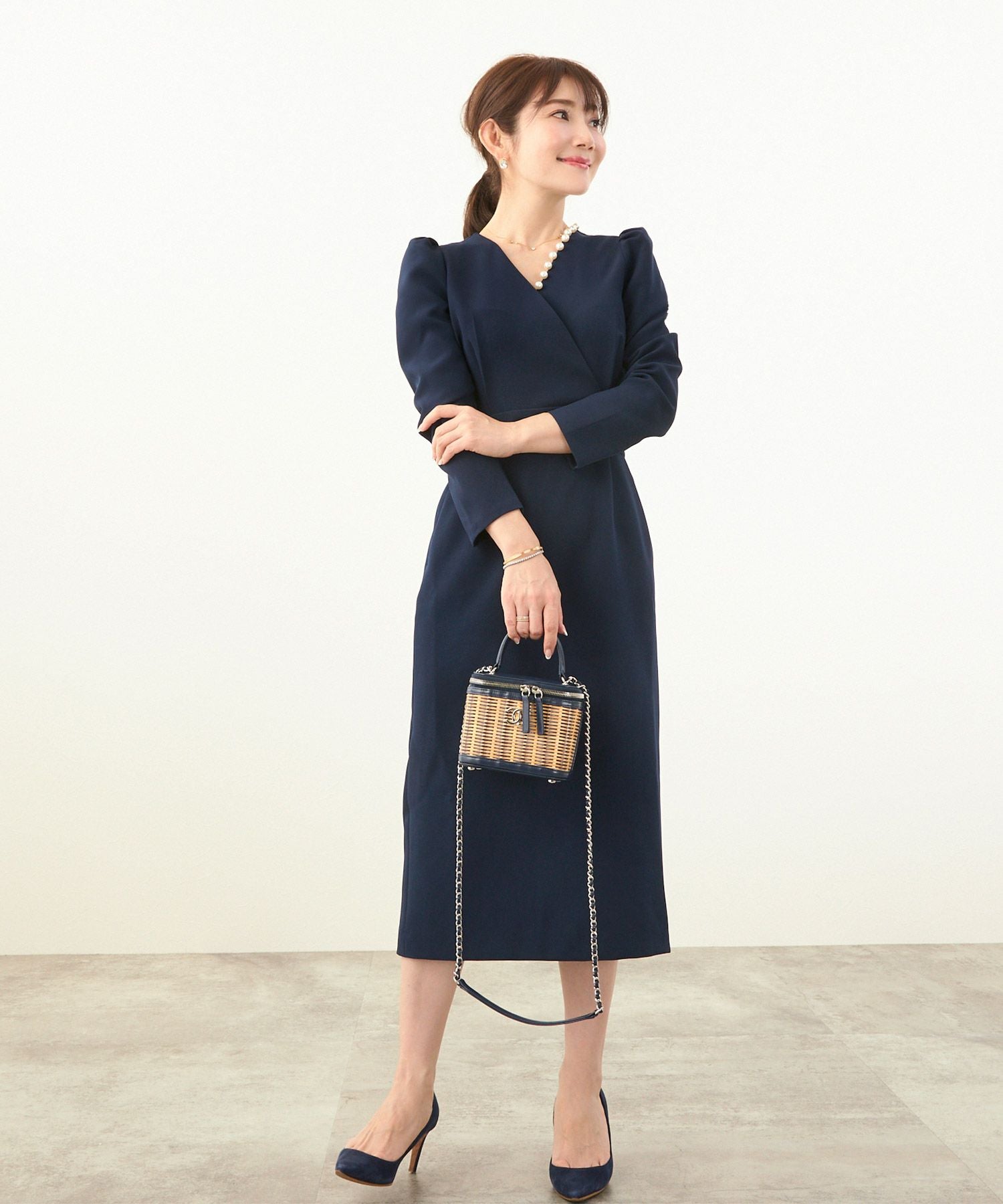 新品✨パール付き カシュクール ワンピース オケージョン ネイビー M パール付き カシュクール ワンピース Liala×PG 全5色｜lpg311-1887【4】