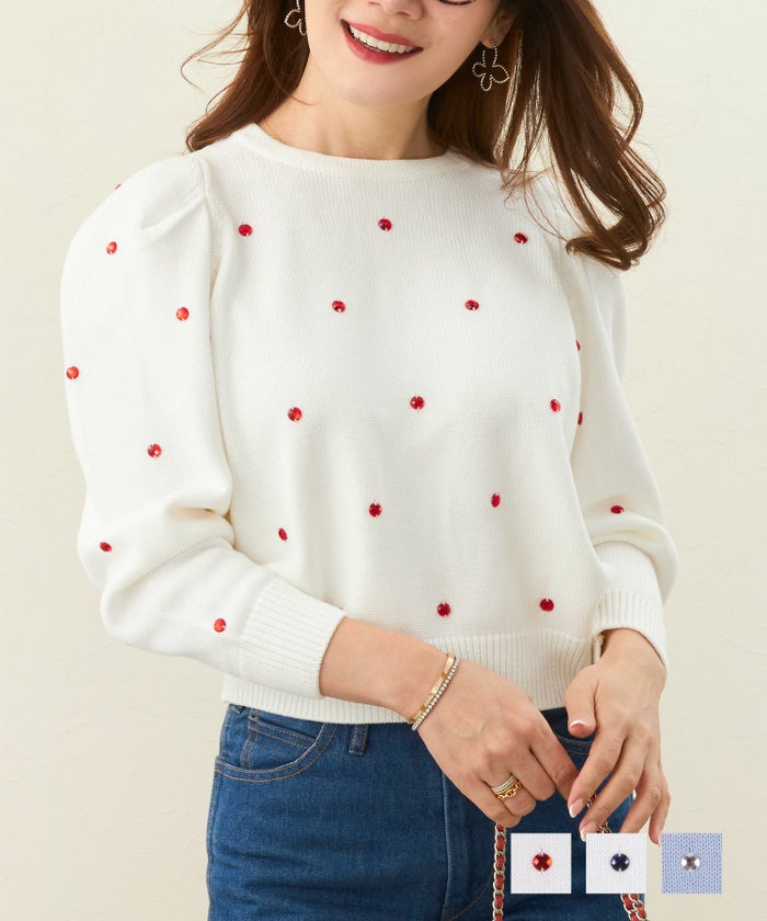 手洗い可 トップス ニット 長袖 ビジュー付き 肩タック 上品 大人 可愛い ビジュー付き タックスリーブ ニット Liala×PG