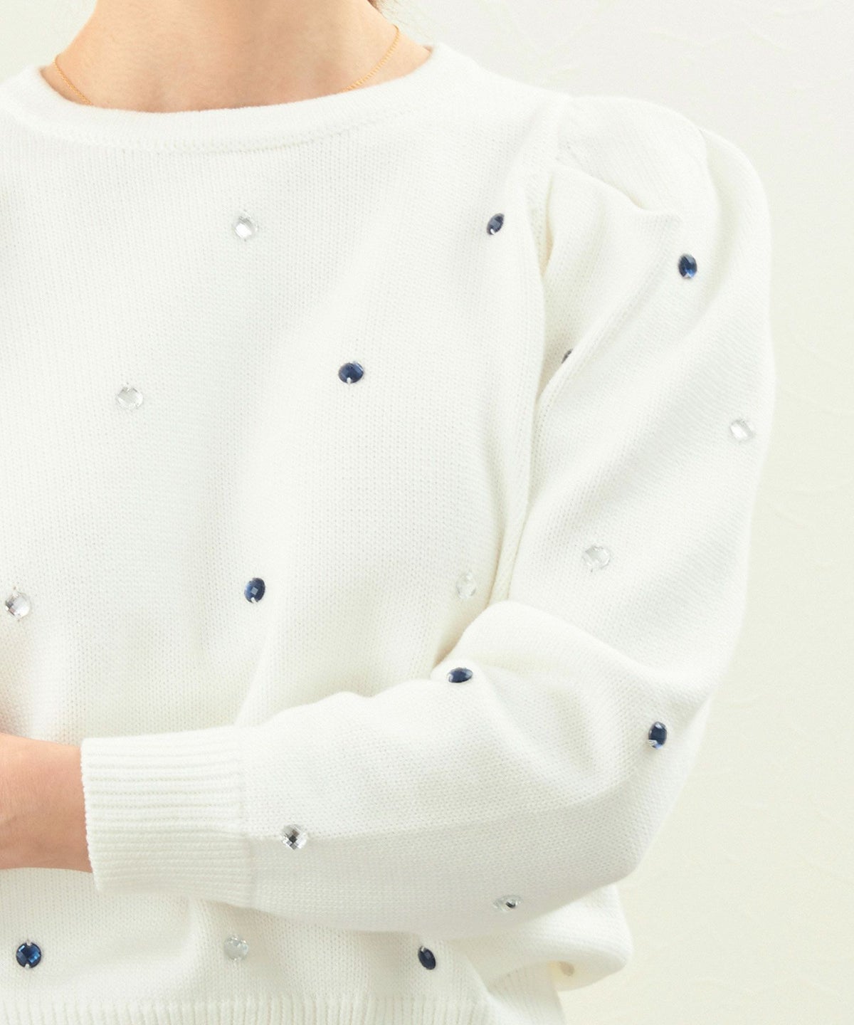 手洗い可/トップス/ニット/長袖/ビジュー付き/肩タック/上品/大人/可愛い