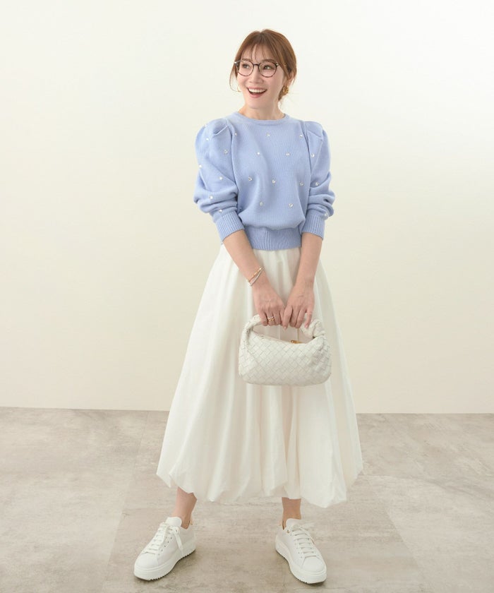 手洗い可/トップス/ニット/長袖/ビジュー付き/肩タック/上品/大人/可愛い