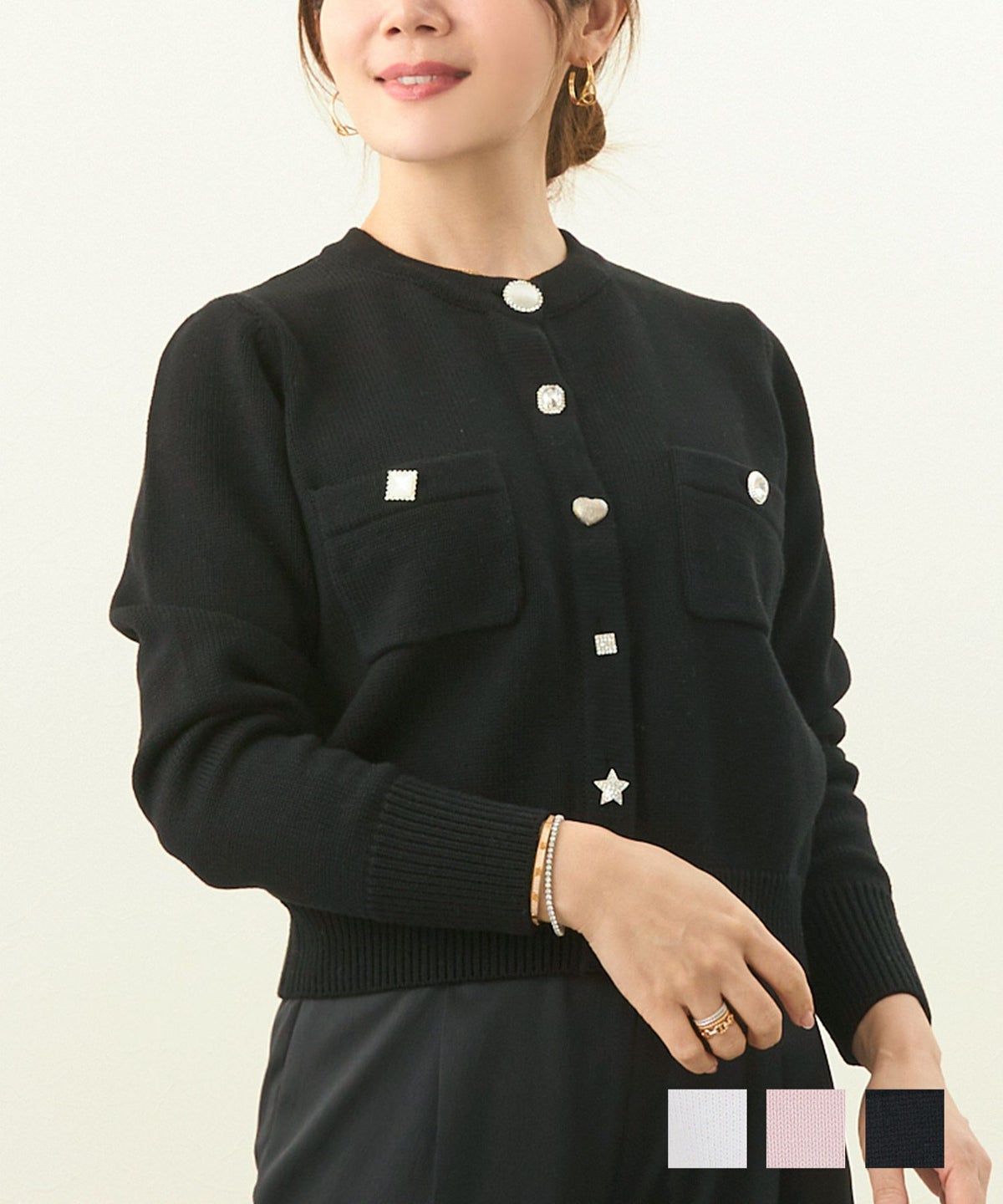 手洗い可 トップス ニット カーディガン 長袖 ビジューボタン ハート 星 モチーフ 大人 上品 可愛い バラエティビジューボタン ニット カーディガン Liala×PG