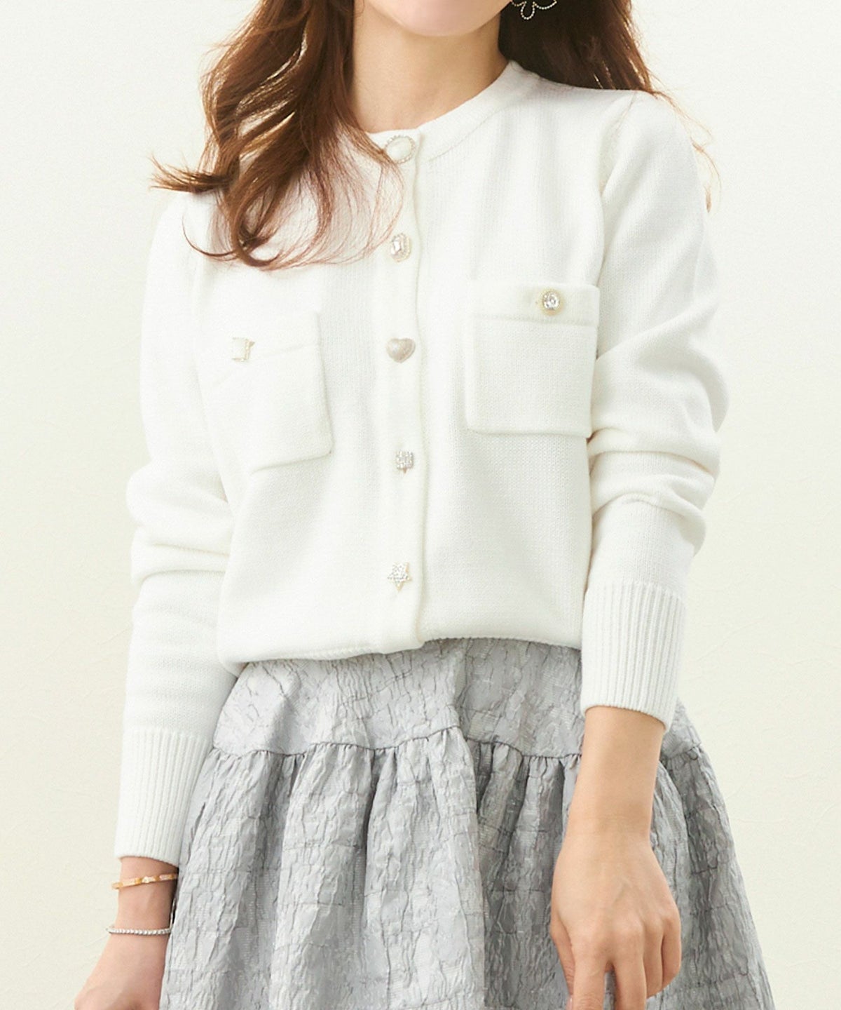 手洗い可/トップス/ニット/カーディガン/長袖/ビジューボタン/ハート/星/モチーフ/大人/上品/可愛い