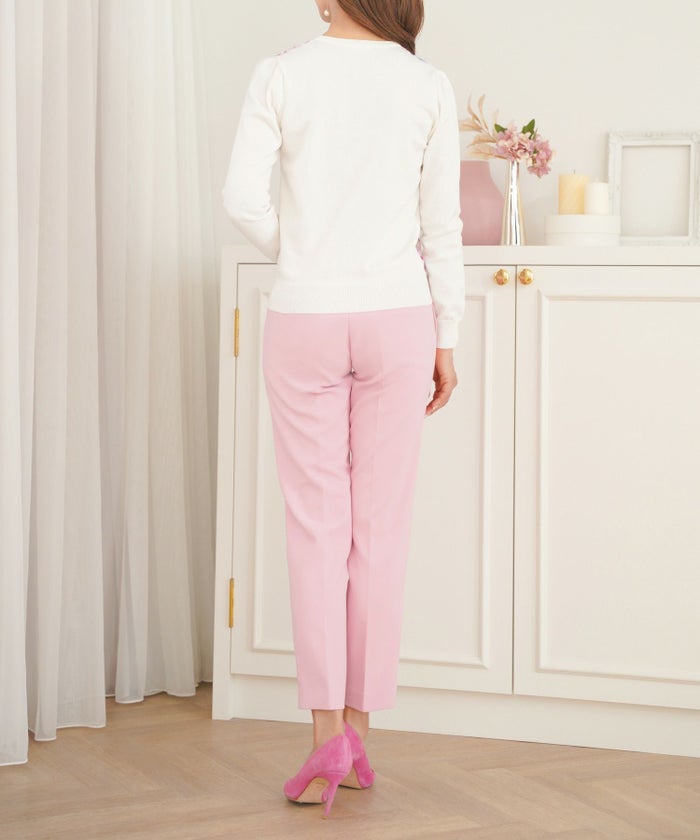 トップス/ニット/シフォンコンビ/ドッキング/花柄/フラワープリント/水玉/ドット/ホワイト/白/ピンク/ブラック/黒/S/M/秋/春/可愛い/かわいい/華やか/大人/上品/