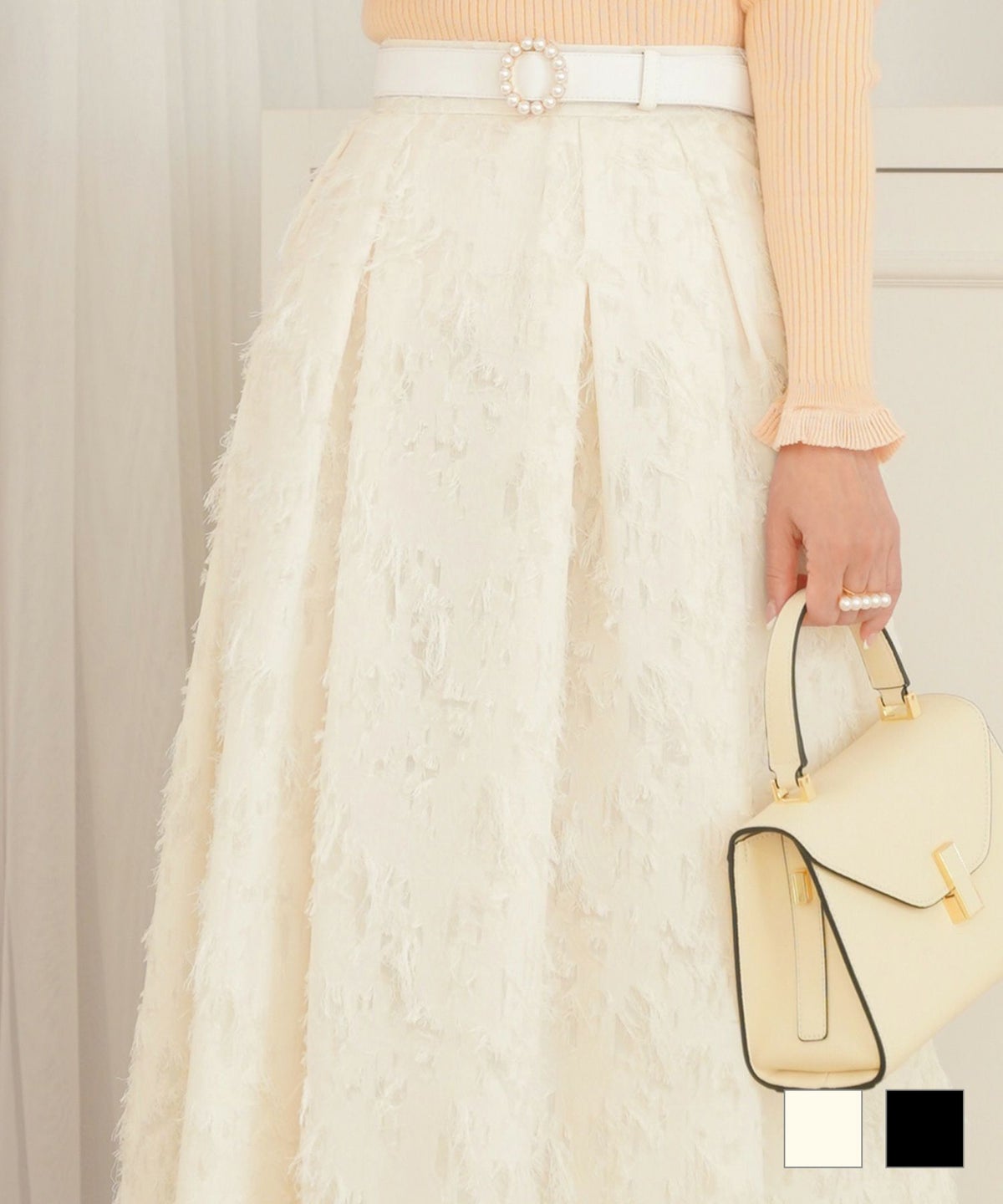 セレクト ボトムス スカート ジャガード フリンジ ボタニカル柄 ウエストゴム ロング フレア ホワイト 白 ブラック 黒 Fサイズ フリー 秋 冬 春 カットジャガード フリンジ スカート Prima Scherrer