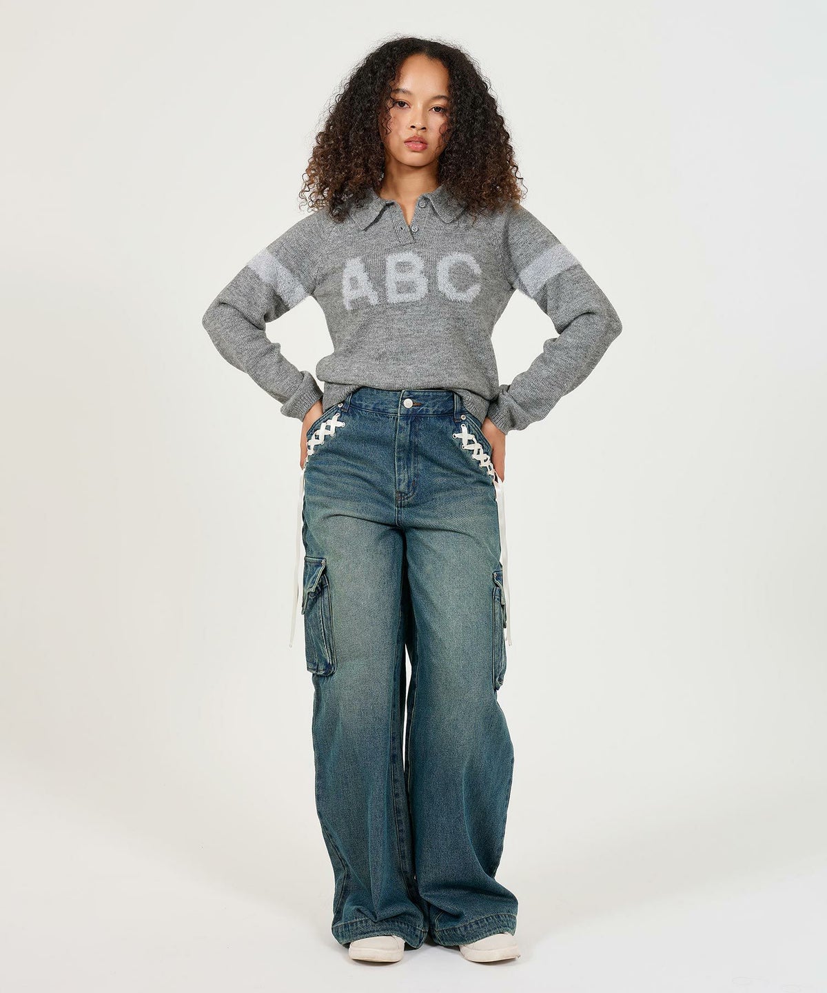 トップス/ニット/襟付きニット/ホワイト/グレー