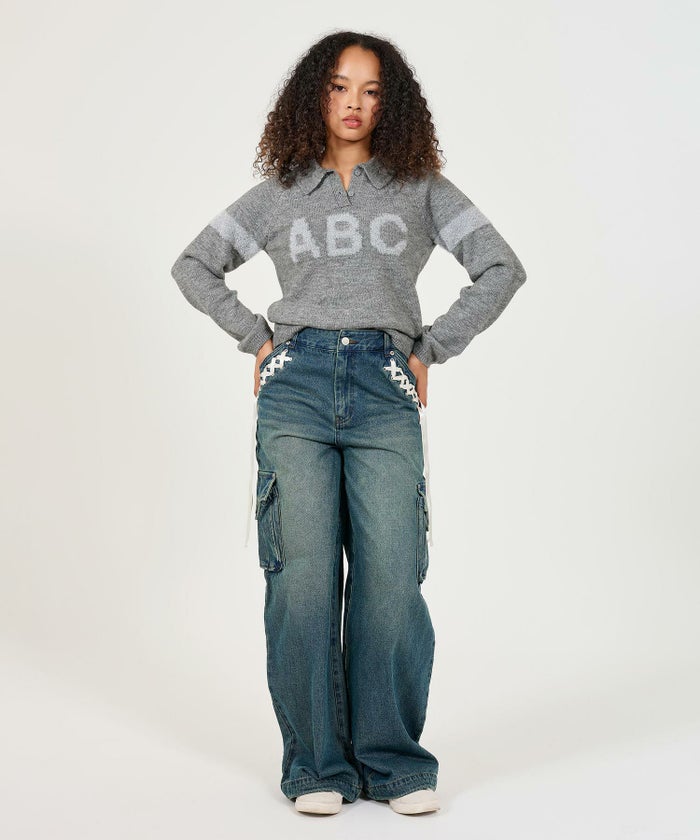 トップス/ニット/襟付きニット/ホワイト/グレー