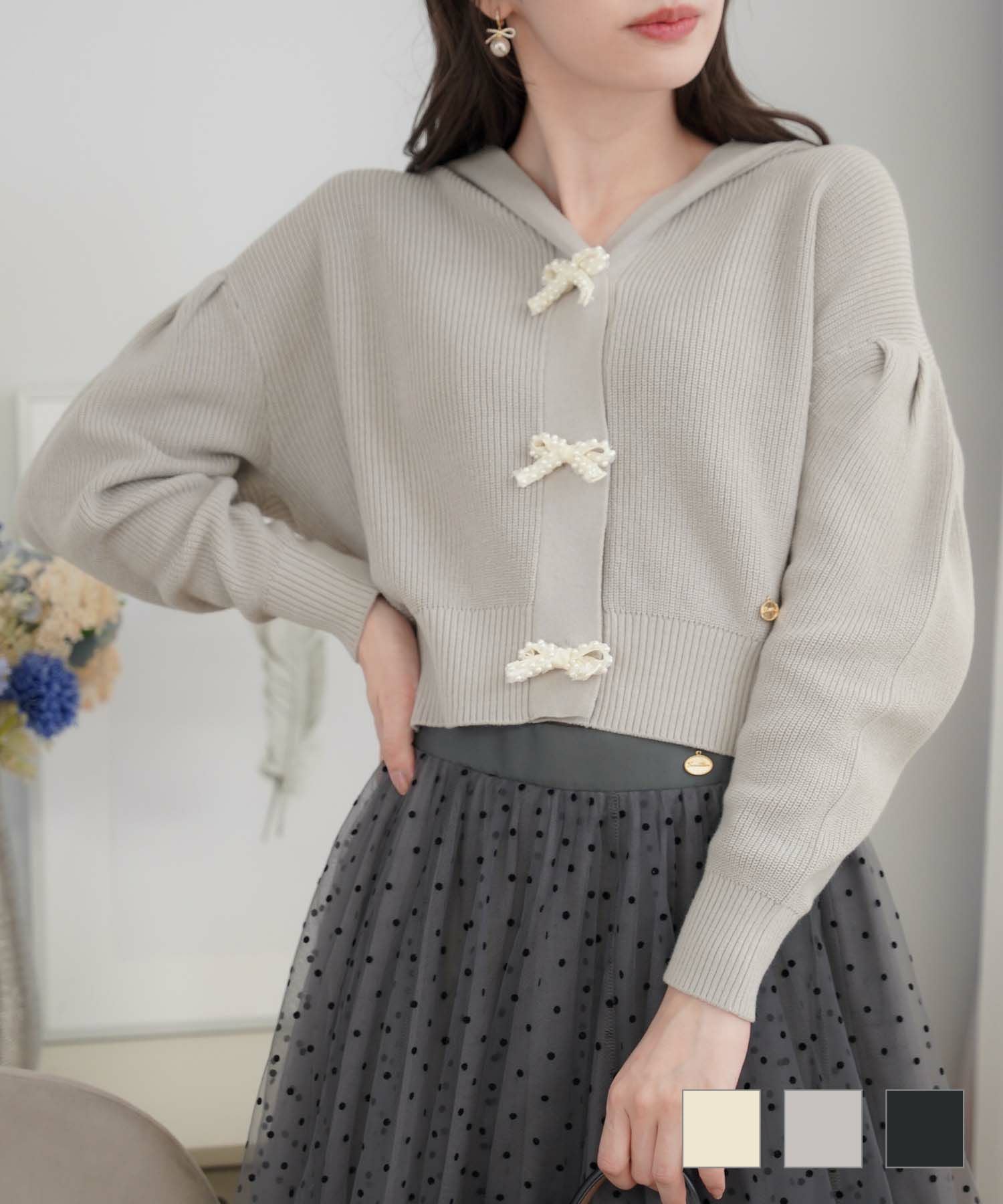 リボン パール ショート ニット カーディガン le reve vaniller 全3色