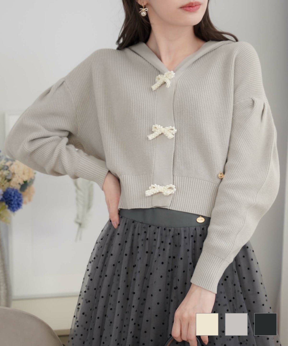 ニット トップス カーディガン チュール パール リボン リボン パール ショート ニット カーディガン le reve vaniller