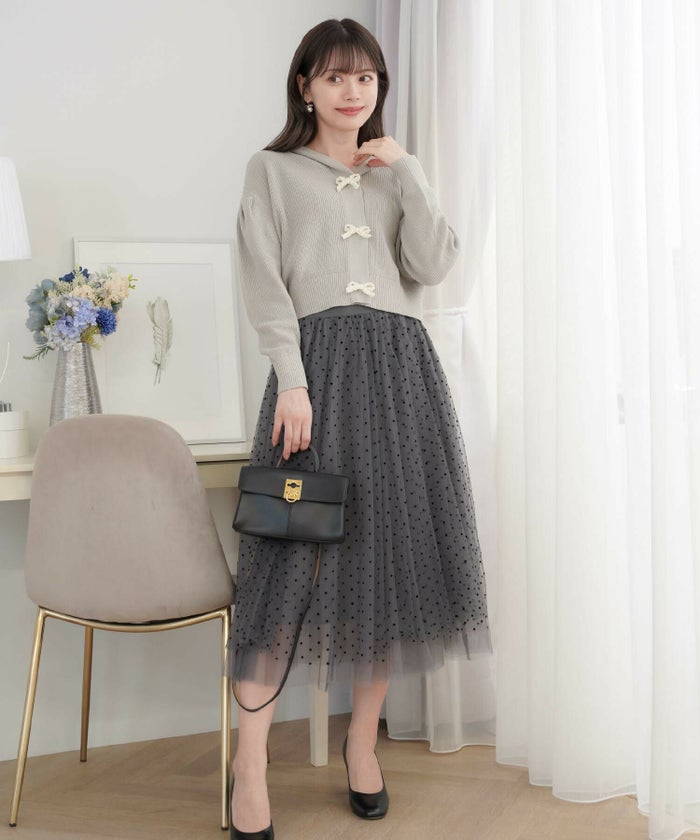 レディース/ニット/トップス/カーディガン/畔編み/ふっくら/パール/リボン/チュール/長袖/秋/春/お出かけ/デート/エレガント/グレー/フェミニン/上品/可愛い/ミルクホワイト/オパールグレー/ネイビー/春/秋