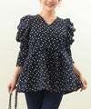 手洗い可/トップス/ブラウス/7分袖/タックペプラム/パワーショルダー/ドット柄/上品/大人/可愛い
