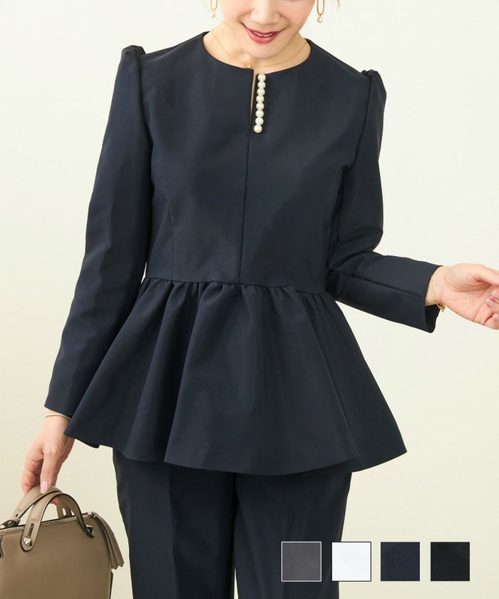 パール付きスキッパーネック ペプラム ブラウス Liala×PG