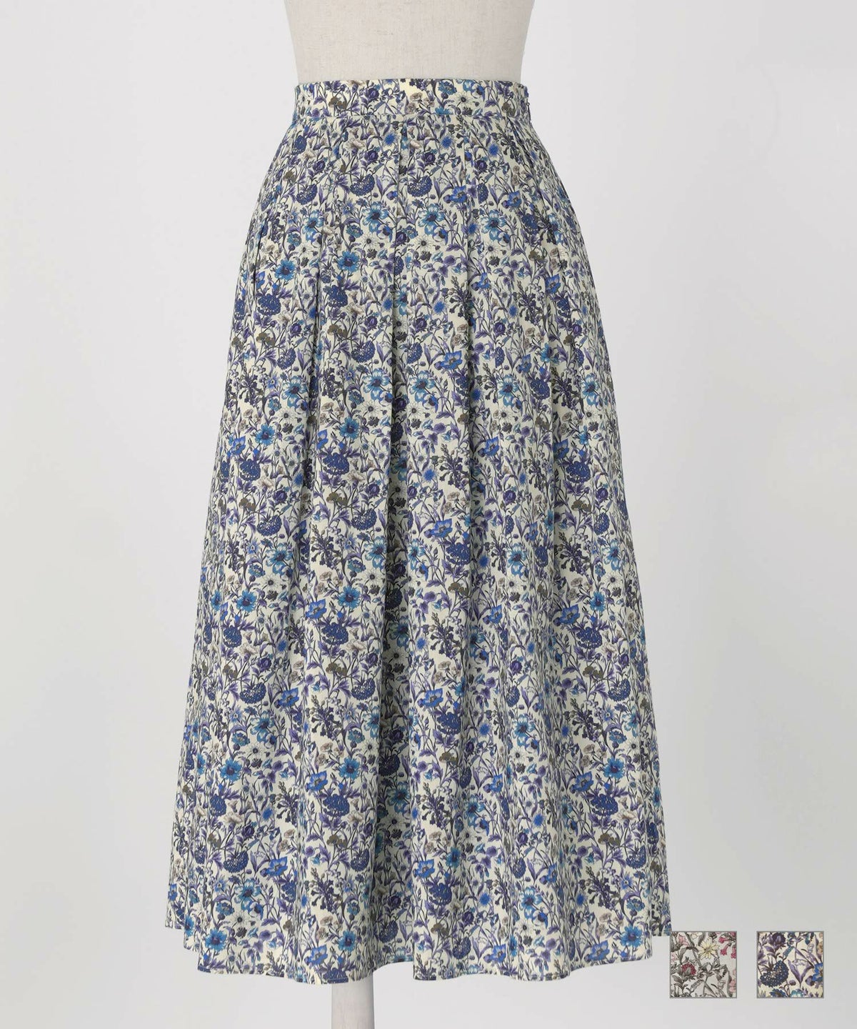 スカート リバティ ボタニカル柄 グレー ブルー S M リバティ ボタニカル柄 タック スカート HUIT