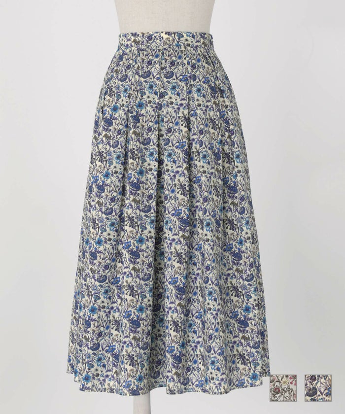 スカート リバティ ボタニカル柄 グレー ブルー S M リバティ ボタニカル柄 タック スカート HUIT