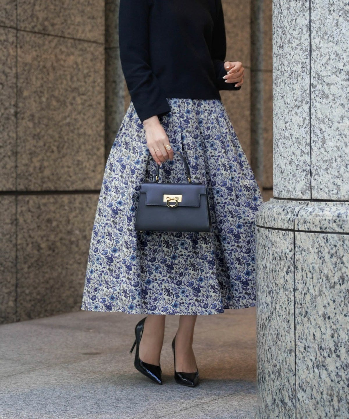 レディース/スカート/フレア/タック/ボタニカル柄/リバティ/春/夏/ロング/グレー/ブルー