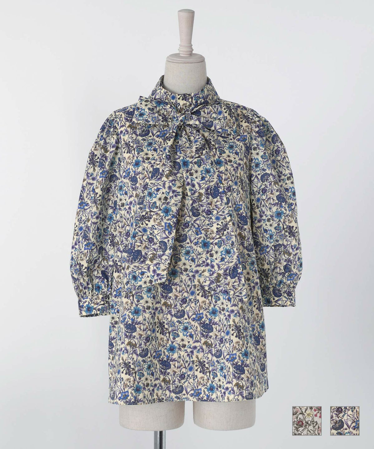 トップス ブラウス リバティ ボタニカル柄 2way グレー ブルー M リバティ ボタニカル柄 2way リボンタイ ブラウス HUIT