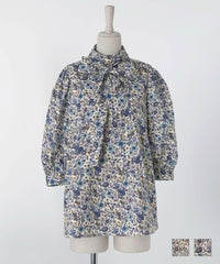 トップス ブラウス リバティ ボタニカル柄 2way グレー ブルー M リバティ ボタニカル柄 2way リボンタイ ブラウス HUIT